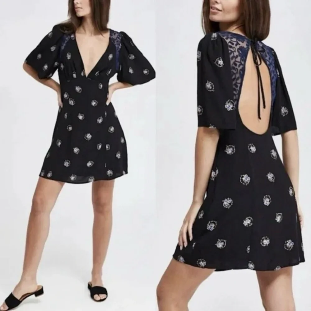 Free People 2 Black Lace Open Back Whimsigoth Dark Feminine Romantic Mini Dress